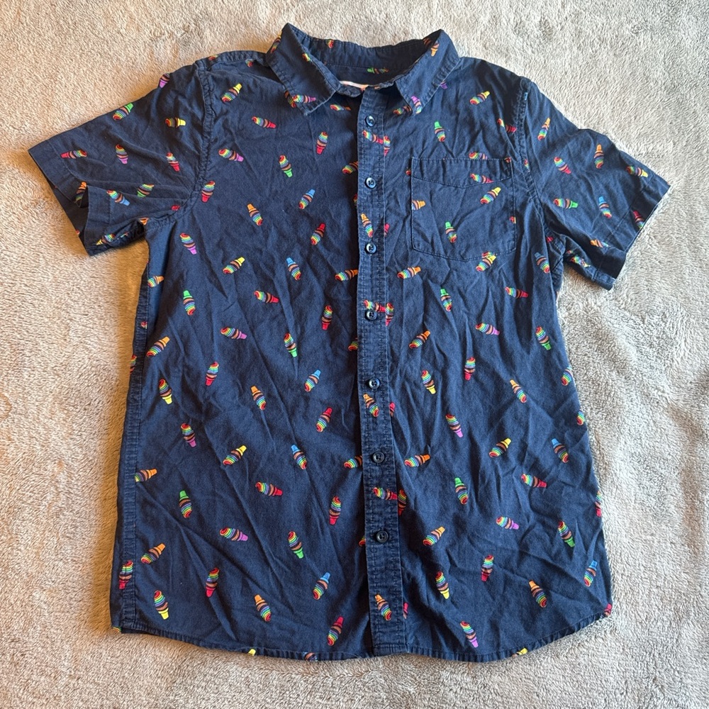 Navy Blue Kids Button Down Shirt with Rainbow Ice Cream Cone Pattern